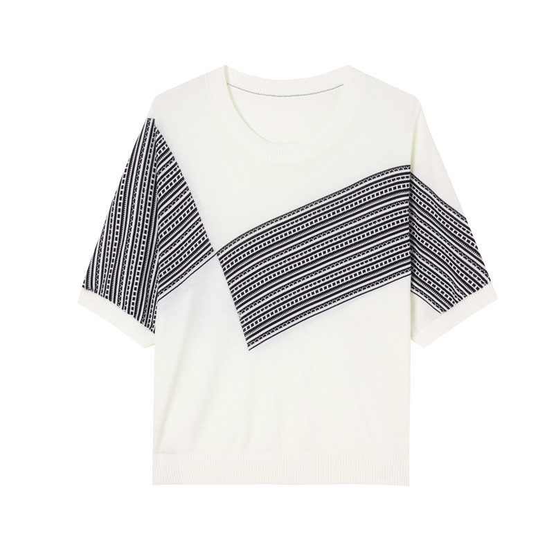 ボーダー服 ボーダー服 幾何学ボーダー切替ニットTシャツ