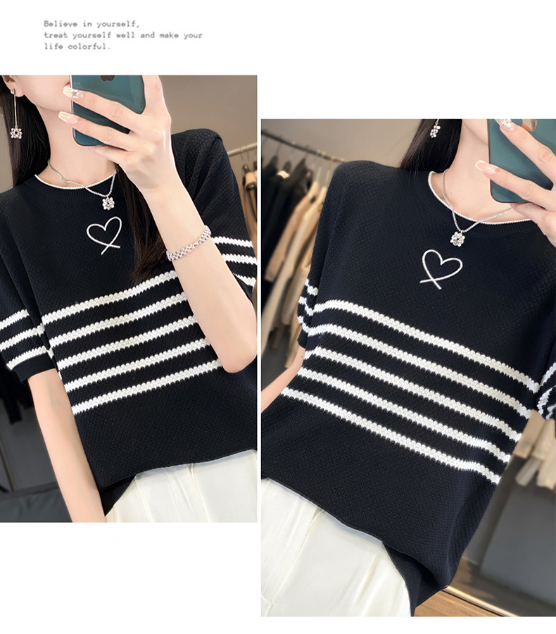 ボーダー ハートモチーフ ボーダーニットＴシャツ