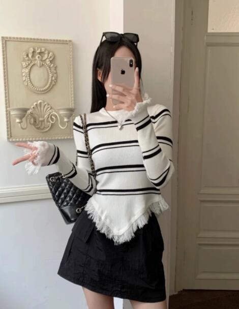 ボーダー服 レディース ボーダーニット フリンジ付き 長袖セーター