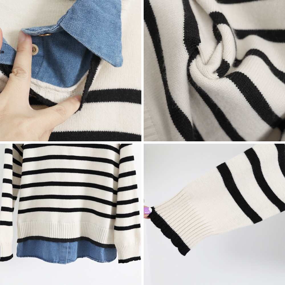 ボーダー服 ボーダーニット重ね着風長袖トップス