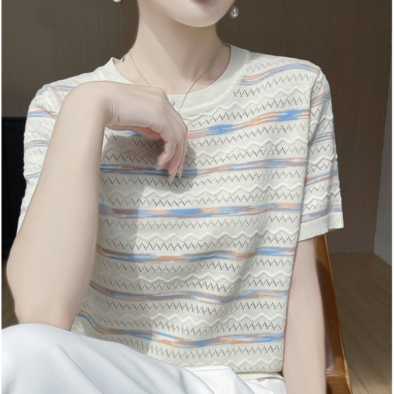 ボーダー服 透かし編みボーダー半袖ニット