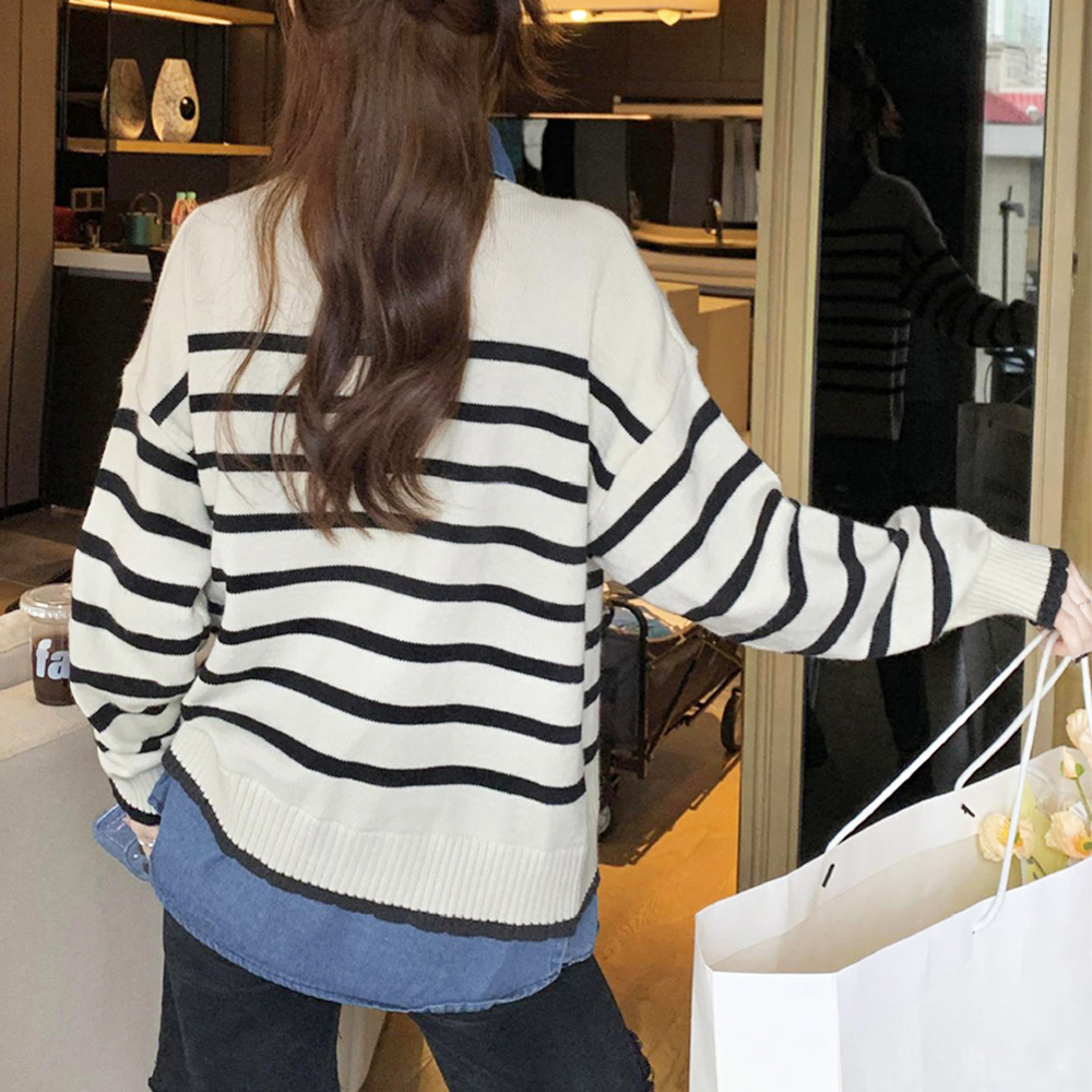 ボーダー服 ボーダーニット重ね着風長袖トップス