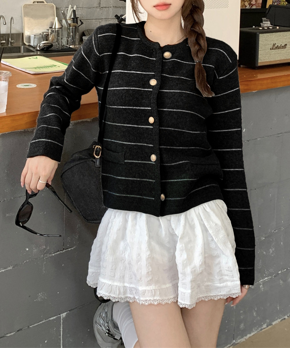 ボーダー服 細ボーダー柄丸首ニットカーディガン