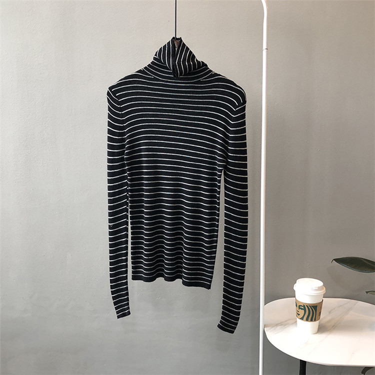 ボーダー服 ボーダー柄タートルネック長袖トップス