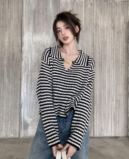 ボーダー服 秋冬レディースボーダーニットセーター長袖トップス