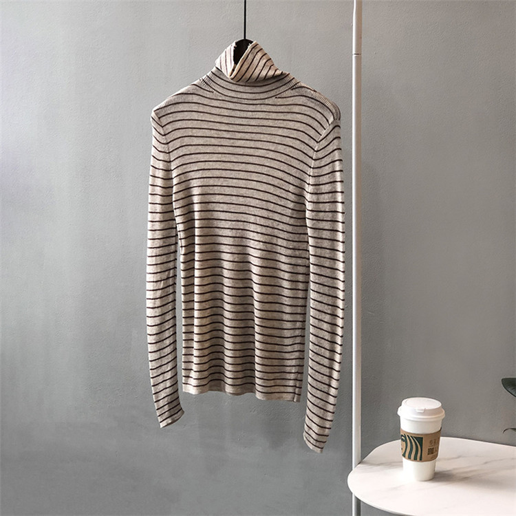 ボーダー服 ボーダー柄タートルネック長袖トップス