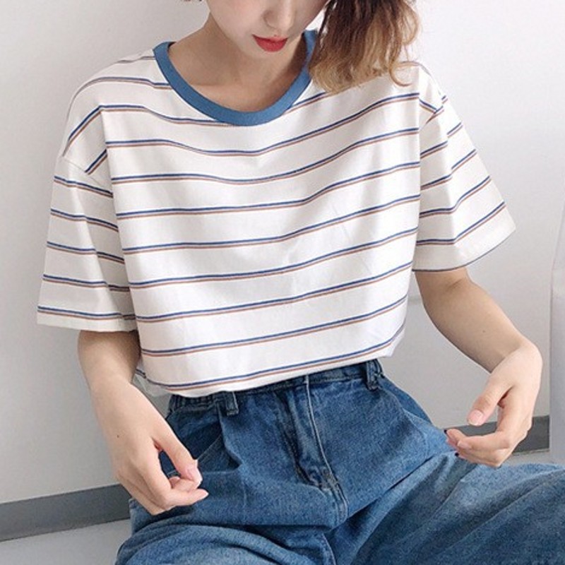 ボーダー服 ボーダー服 リブ襟細ボーダー半袖Tシャツ