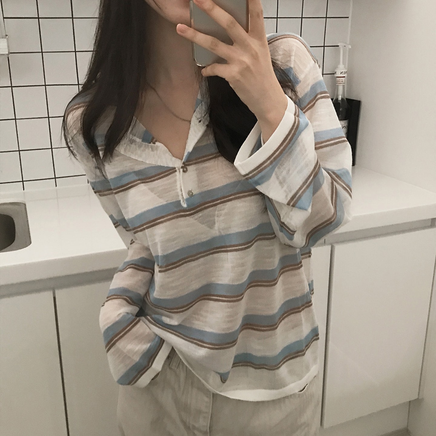 ボーダー服 配色ボーダー ハーフボタン薄手ニット