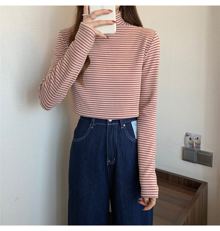 ボーダー服 暖かい厚手ボーダータートルネック長袖シャツ