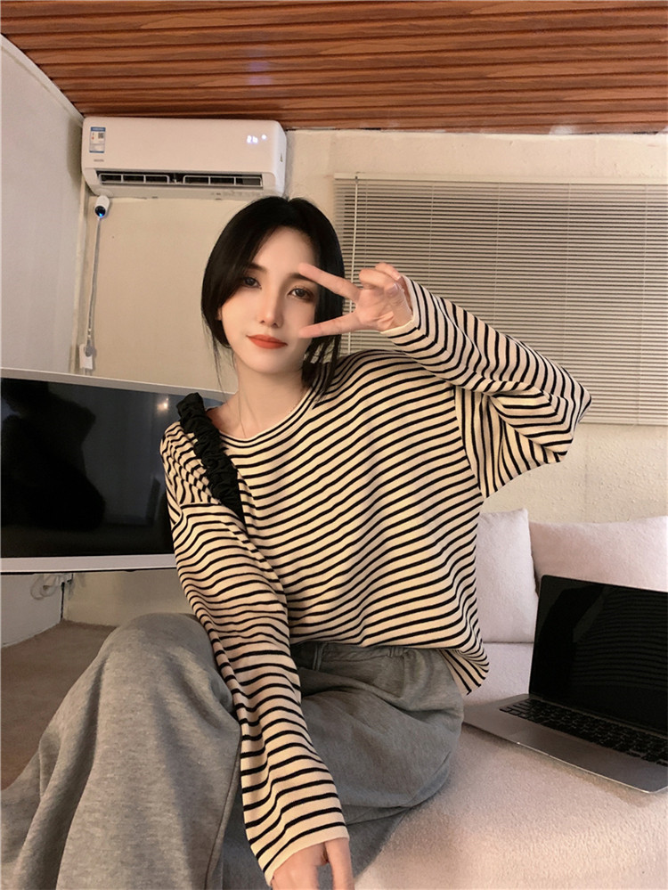 ボーダー服 ロンT ゆったりボーダー丸首ロンT長袖