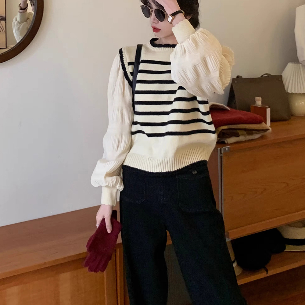 ボーダー服 ボーダー異素材ドッキングニットセーター