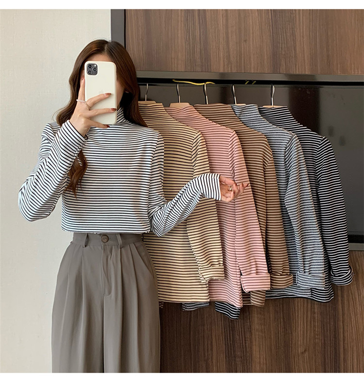 ボーダー服 暖かい厚手ボーダータートルネック長袖シャツ