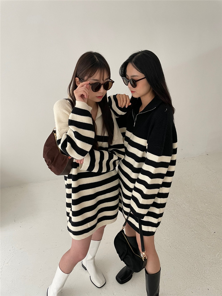 ボーダー服 ジッパー付きボーダーニットワンピース厚手暖かセーター