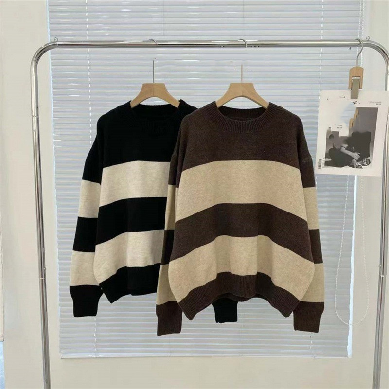 ボーダー服 新作 ボーダー柄ニットセーター ゆったりプルオーバー