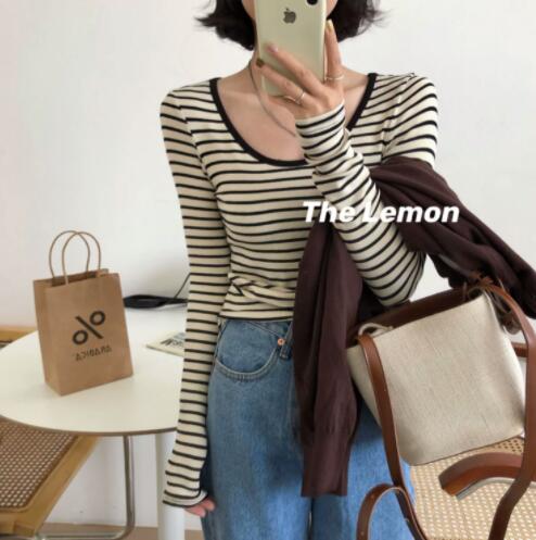 ボーダー服 春物ボーダー長袖トップス カジュアル