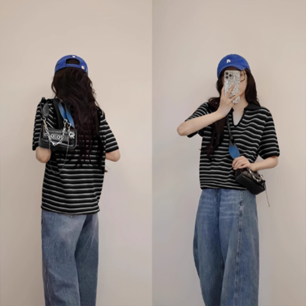 ボーダー服 2025新作 襟付きボーダーニット 半袖ポロカラーシャツ