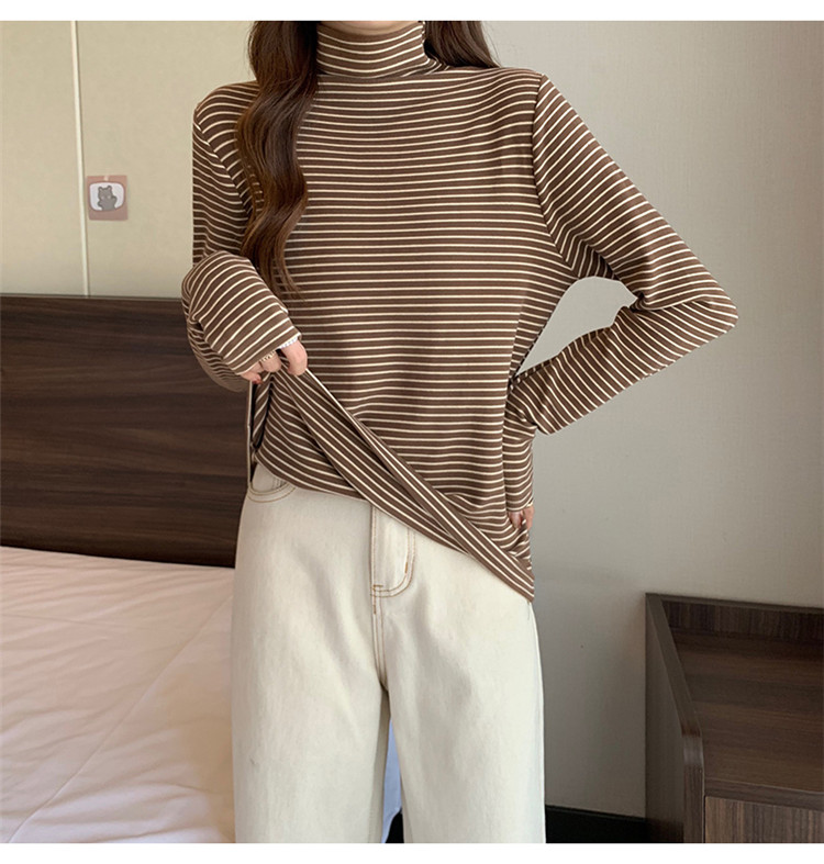 ボーダー服 暖かい厚手ボーダータートルネック長袖シャツ