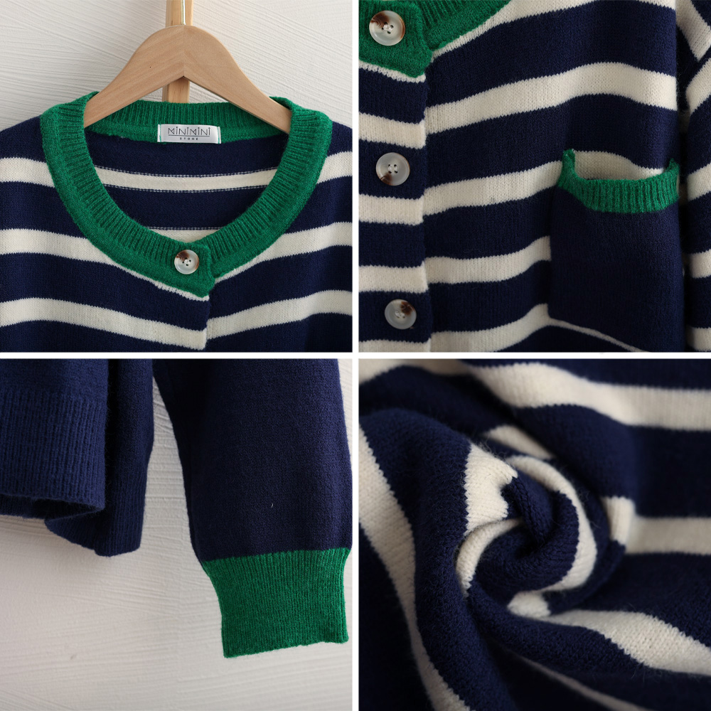 ボーダー服 ボーダー柄ニットカーディガン レディース 配色デザイン