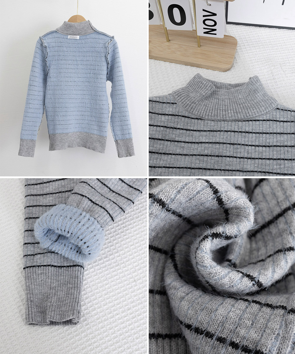ボーダー服 裏微起毛ボーダーニット厚手タートルネック