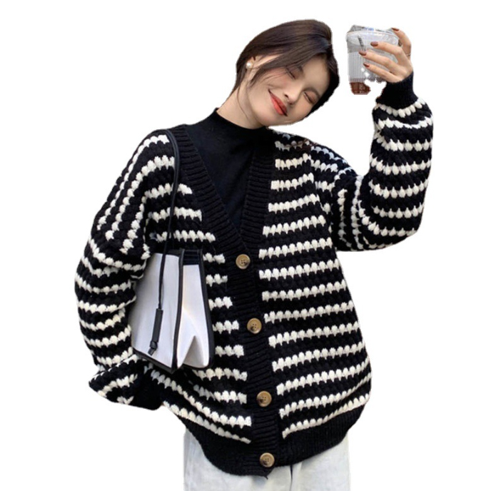 ボーダー服 秋冬新作ゆったりボーダーカーディガン羽織りニット