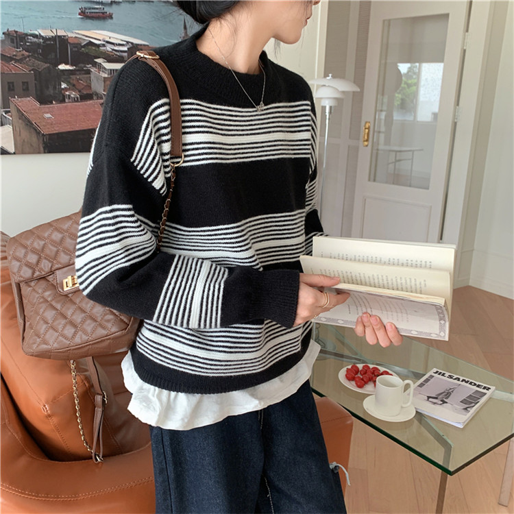 ボーダー服 秋冬ボーダーニットセーター レトロ厚手グリーン