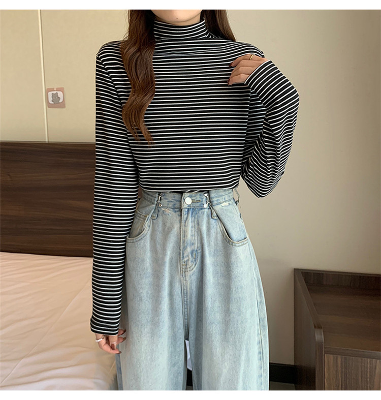 ボーダー服 暖かい厚手ボーダータートルネック長袖シャツ