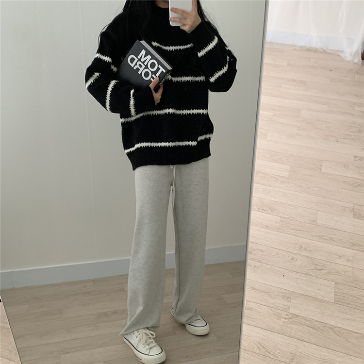 ボーダー服 ゆったり着心地 厚手ボーダーニットセーター 女性用長袖