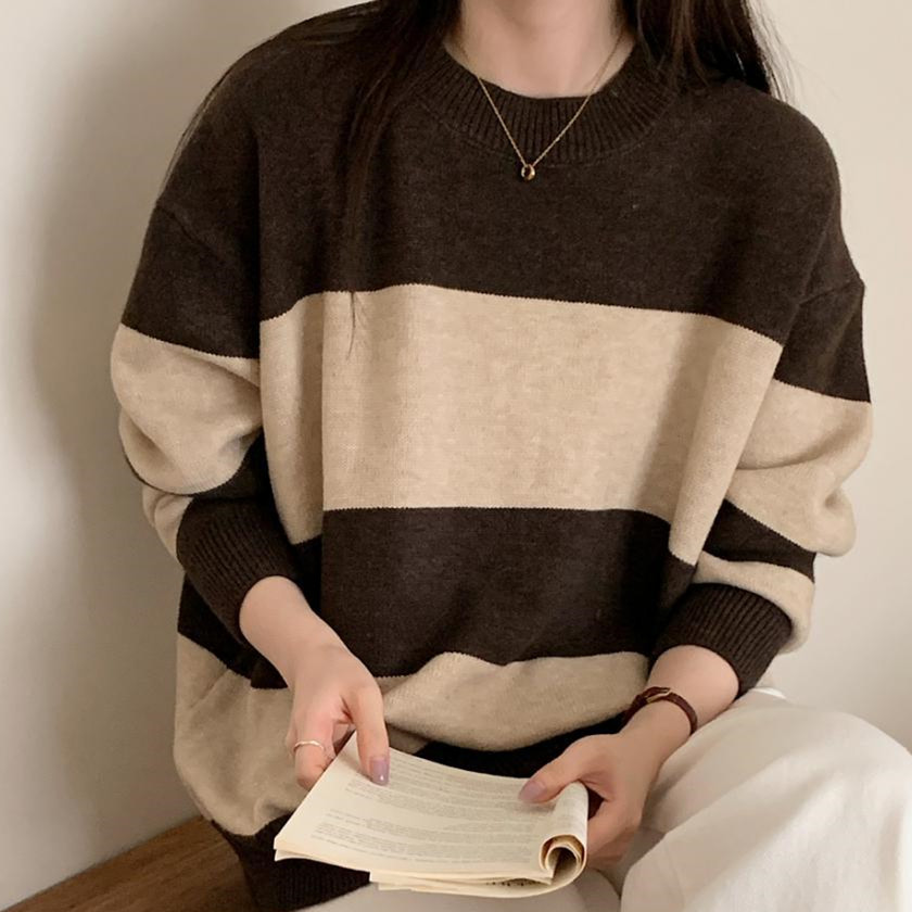 ボーダー服 新作 ボーダー柄ニットセーター ゆったりプルオーバー