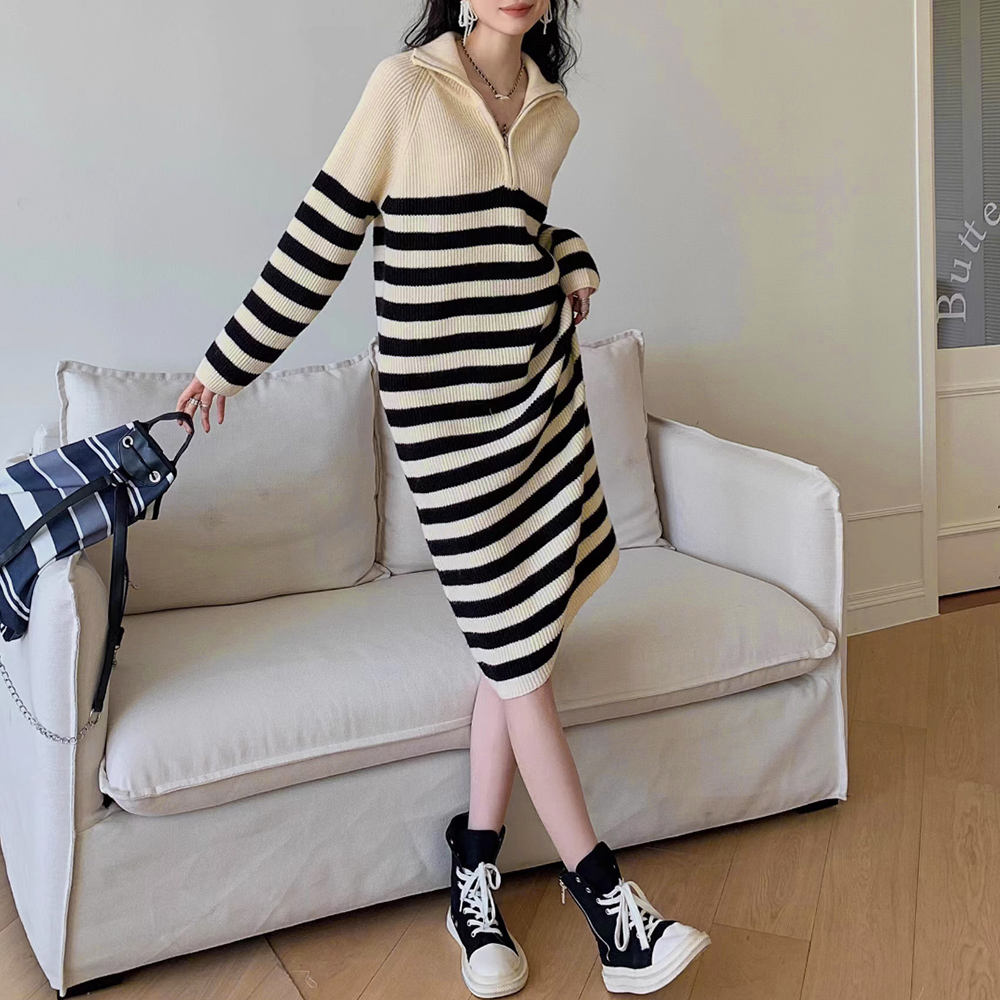 ボーダー服 ボーダーニット長袖ワンピース 襟付きジップ