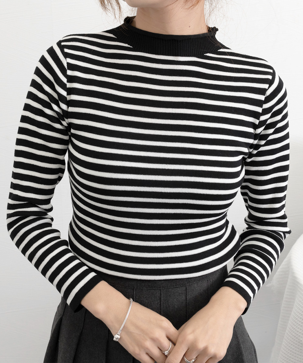 ボーダー服 ボーダー柄長袖ニットトップス