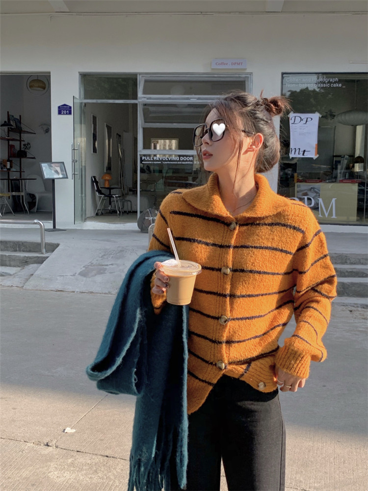 ボーダー服 復古気質ボーダーカーディガン長袖ニット