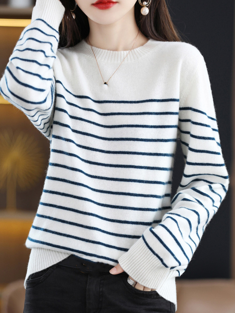 ボーダー服 ニット セーター 細ボーダー柄 長袖 ラウンドネック 秋冬