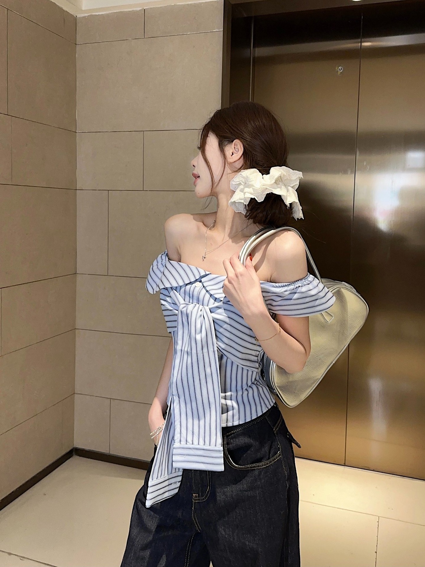 ボーダー リボン結びオフショルダーボーダー