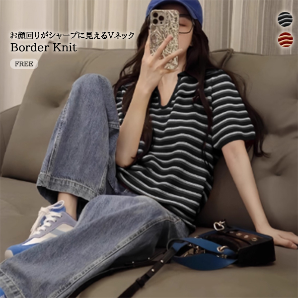 ボーダー服 2025新作 襟付きボーダーニット 半袖ポロカラーシャツ