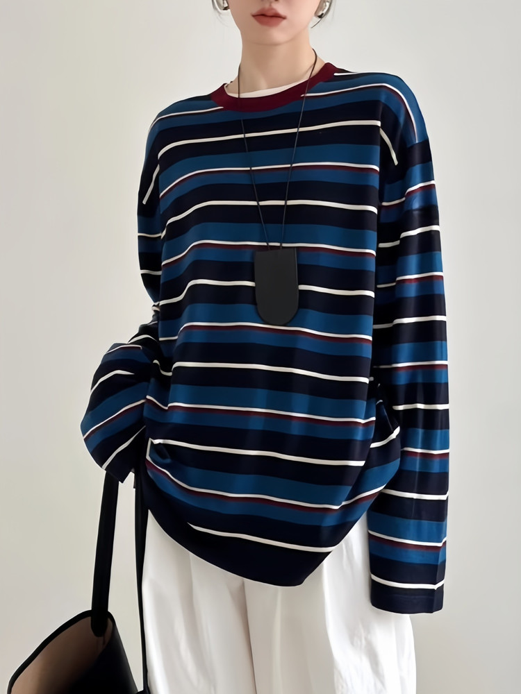 ボーダー服 2025新作 マルチボーダー柄長袖トップス レディース春秋