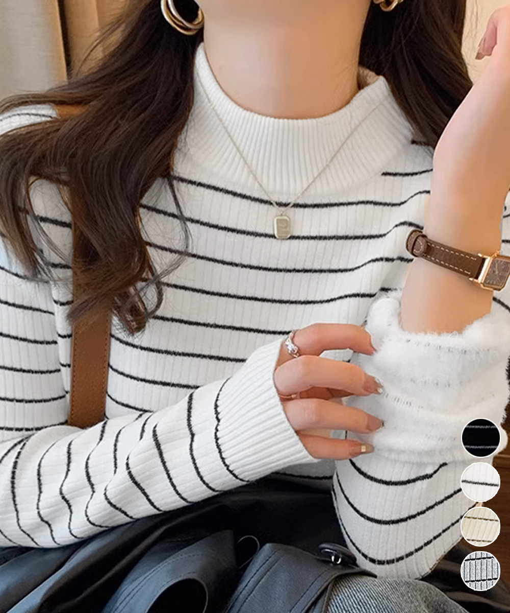 ボーダー服 裏微起毛ボーダーニット厚手タートルネック