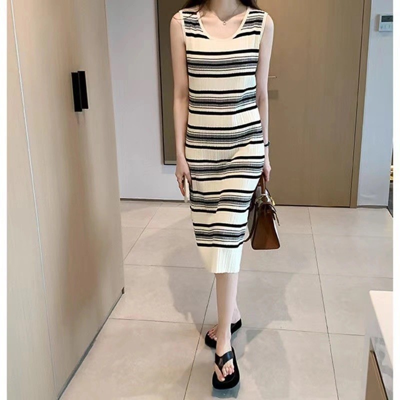 ボーダー服 ボーダー服 リブ編みノースリーブボーダーワンピース
