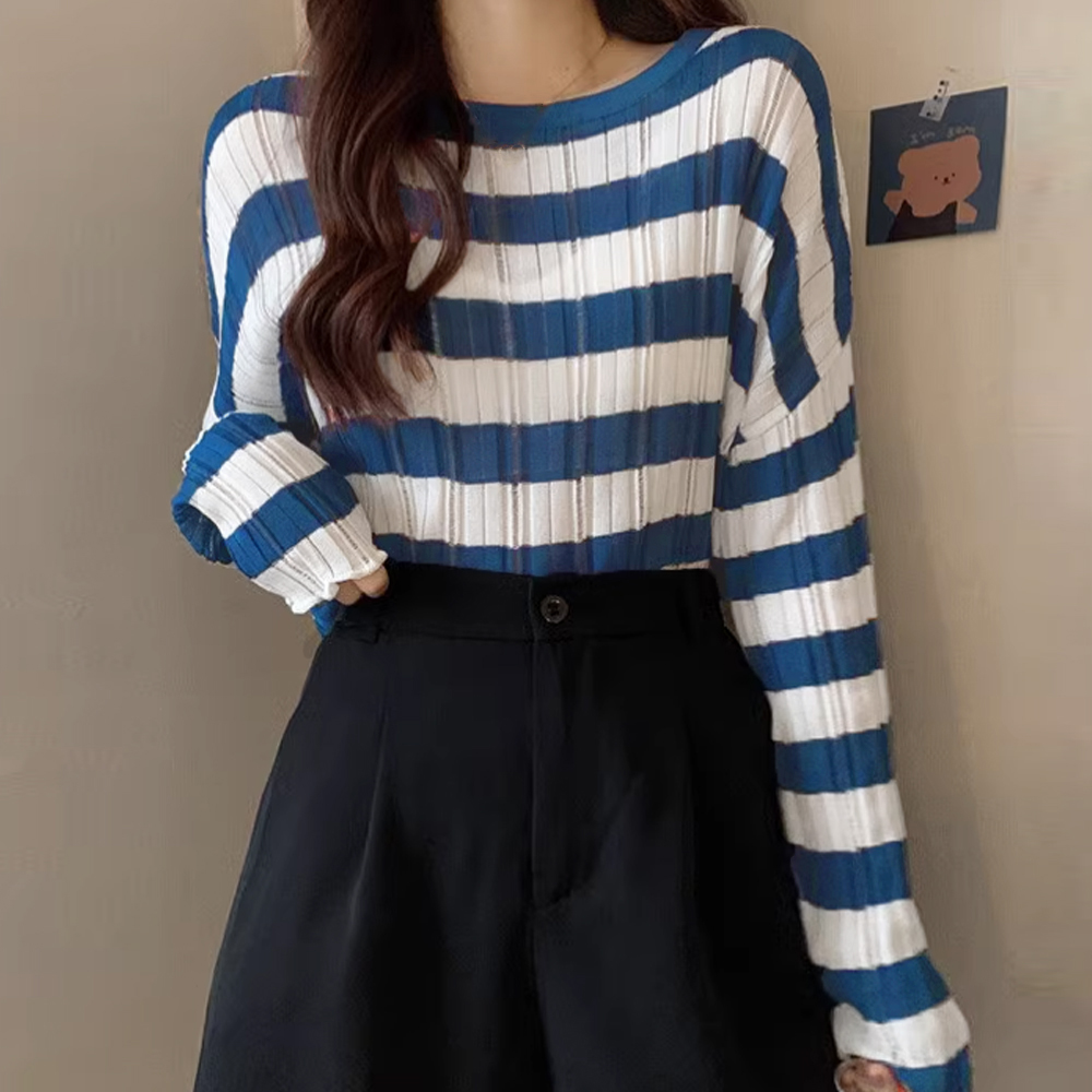 ボーダー服 ボーダー柄リブニットトップス長袖