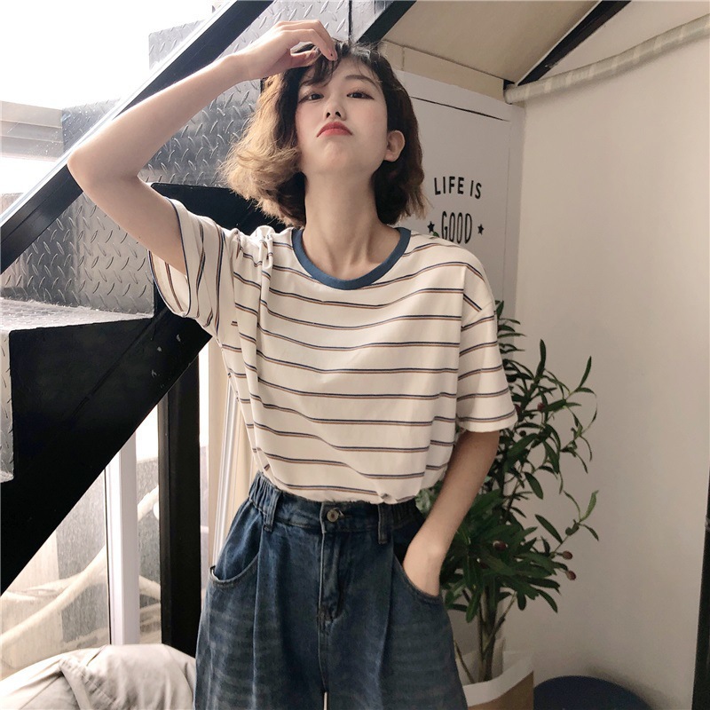 ボーダー服 ボーダー服 リブ襟細ボーダー半袖Tシャツ
