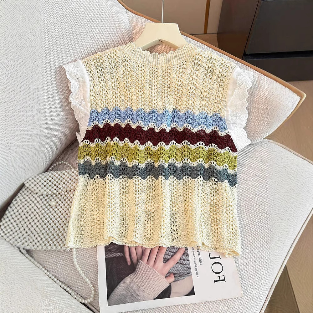 ボーダー服 波紋レース編みノースリーブニット