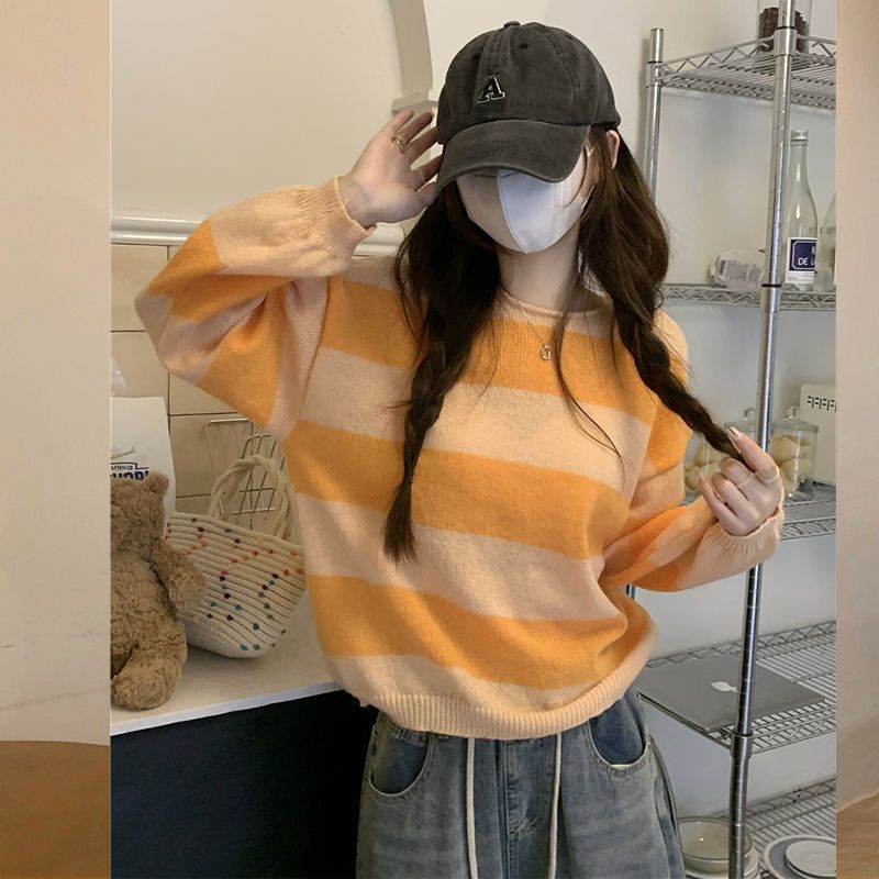 ボーダー服 二〇二三年新作 女性用丸首ボーダーニットセーター 紫白横縞