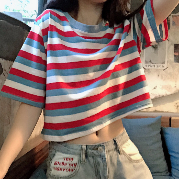 ボーダー マルチボーダークロップドTシャツ