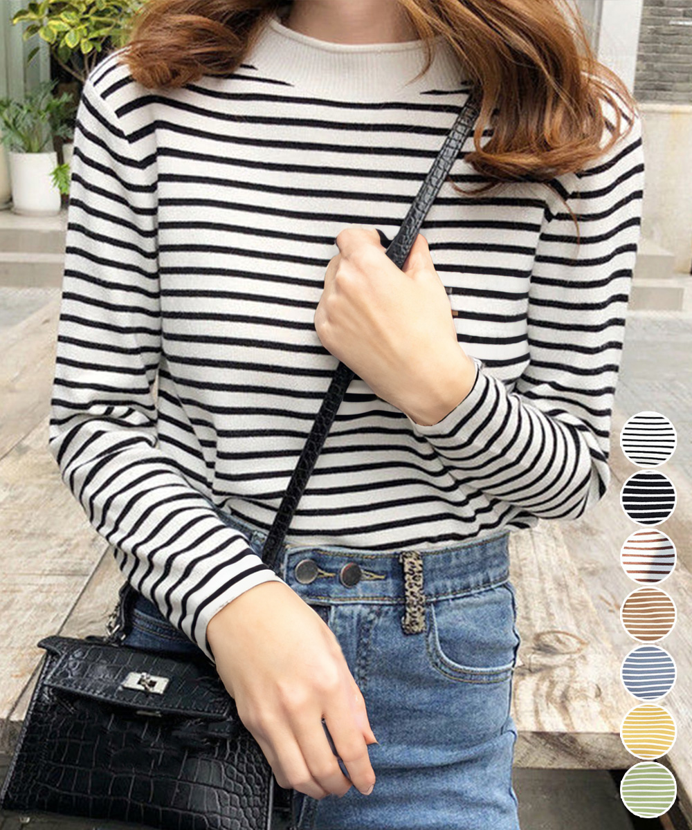 ボーダー服 ボーダー柄長袖ニットトップス