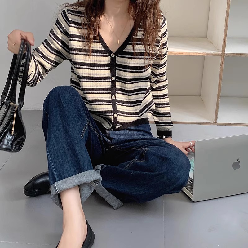 ボーダー服 リブ編みボーダーカーディガン