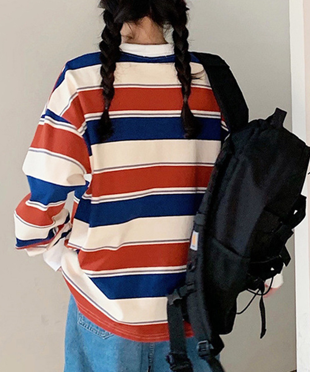 ボーダー服 ボーダー柄配色トレーナー丸首長袖カットソー