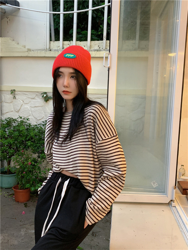ボーダー服 ロンT ゆったりボーダー丸首ロンT長袖