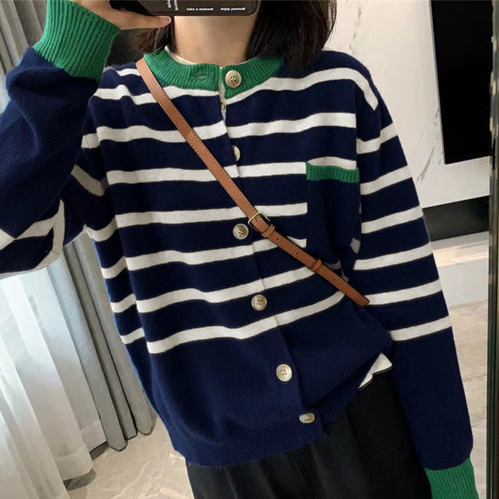 ボーダー服 ボーダー柄ニットカーディガン レディース 配色デザイン