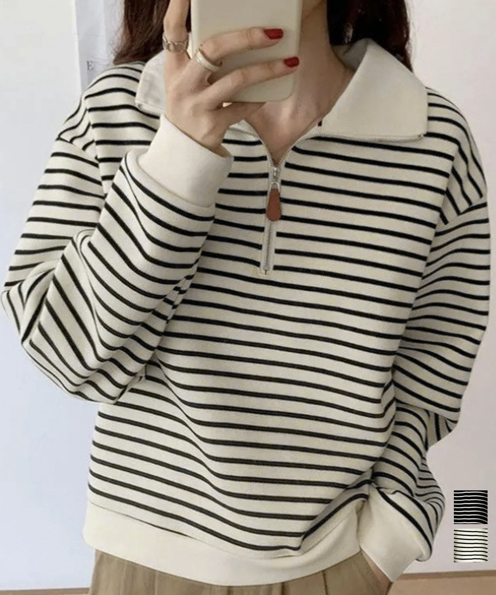 ボーダー服 ハーフジップ襟付きボーダーニット長袖