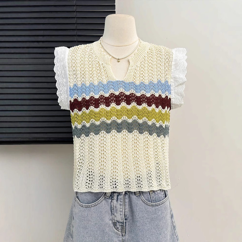 ボーダー服 波紋レース編みノースリーブニット