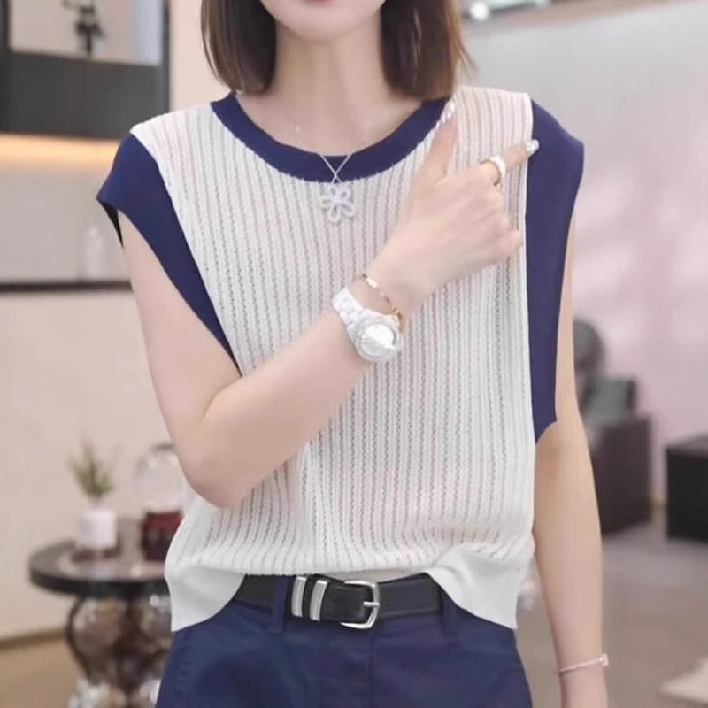 ボーダー服 透かし編みボーダーノースリーブ